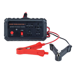 Sound Troubleshooting relay tester 4-pin in-use with green light indicating healthy relay.