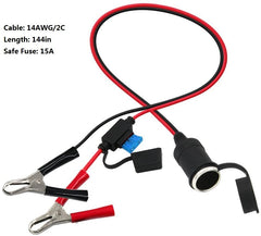 SPARKING battery-alligator-clips securely attached to vehicle battery for on-the-go power
