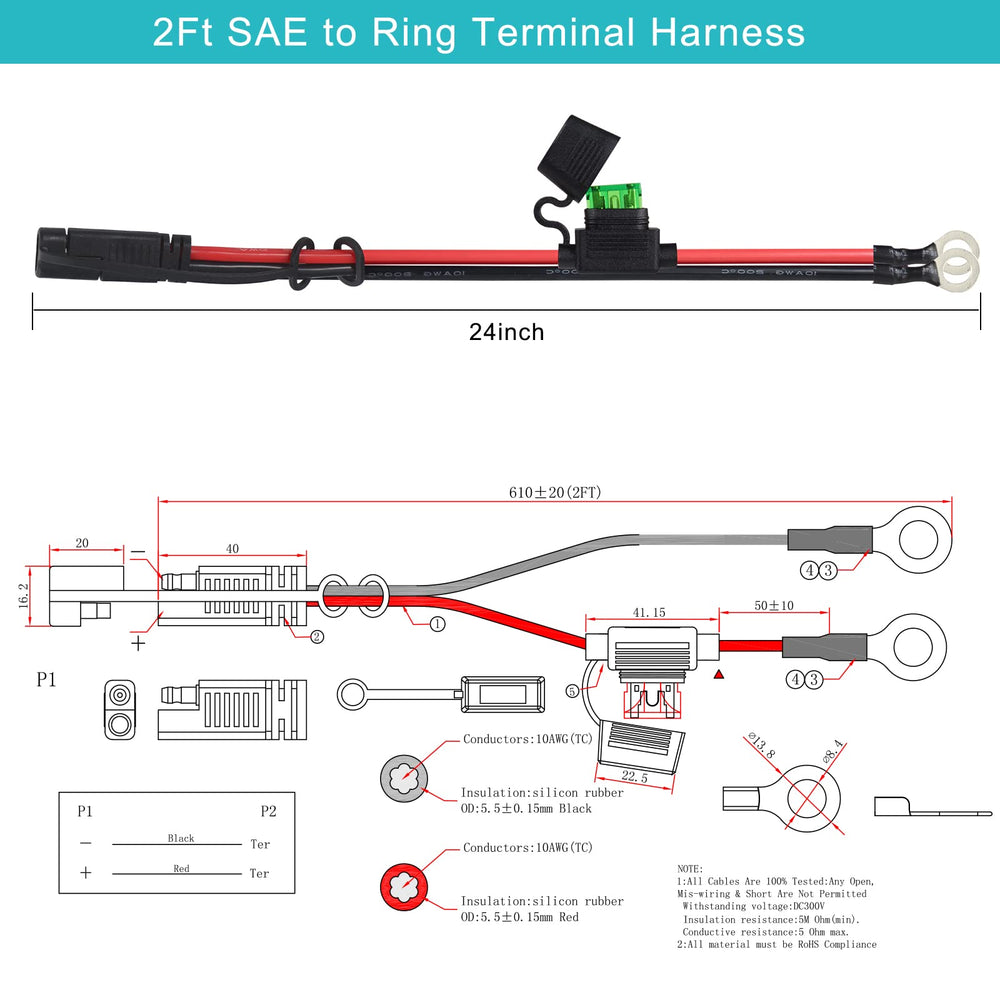 SPARKING SAE to eyelet terminal 2ft 10AWG with 30A fuse for secure connections