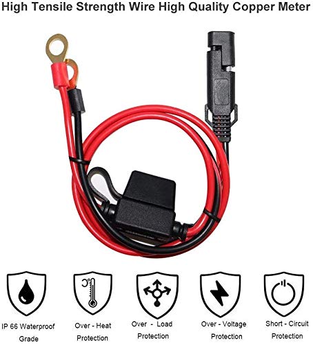 SPARKING SAE-to-ring-terminal 2ft close-up shows secure connectors for motorcycle charging