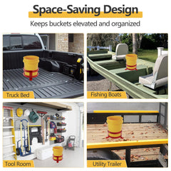 SPARKWHIZ elevated storage keeps buckets off the ground.
