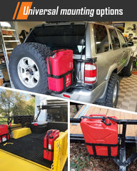 SparkWhiz Jerry Can Holder side mount showing space-saving design for cargo racks