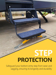 SparkWhiz RV Step Stabilizer demonstrating compatibility with Steel Radius steps.