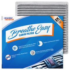 SPEARHEAD Breathe Easy cabin filter packaging highlighting odor defense and carbon media for freshness