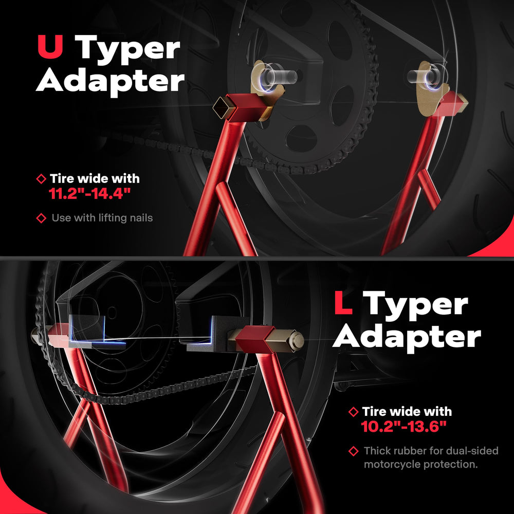 SPECSTAR paddock stand's heavy-duty rolling wheels ease maneuvering.