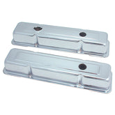 Spectre Small Block Chevy 3-Hole valve cover pair front view for a sleek engine appearance and oil control.
