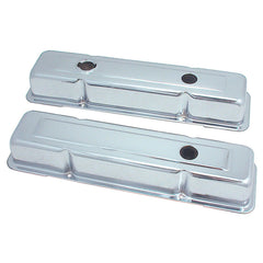 Spectre Small Block Chevy 3-Hole valve cover pair front view for a sleek engine appearance and oil control.