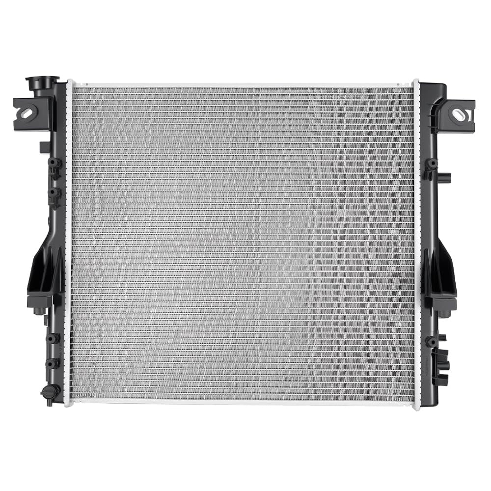 SPELAB cu2957 radiator front view showing Jeep Wrangler compatibility for multiple model years
