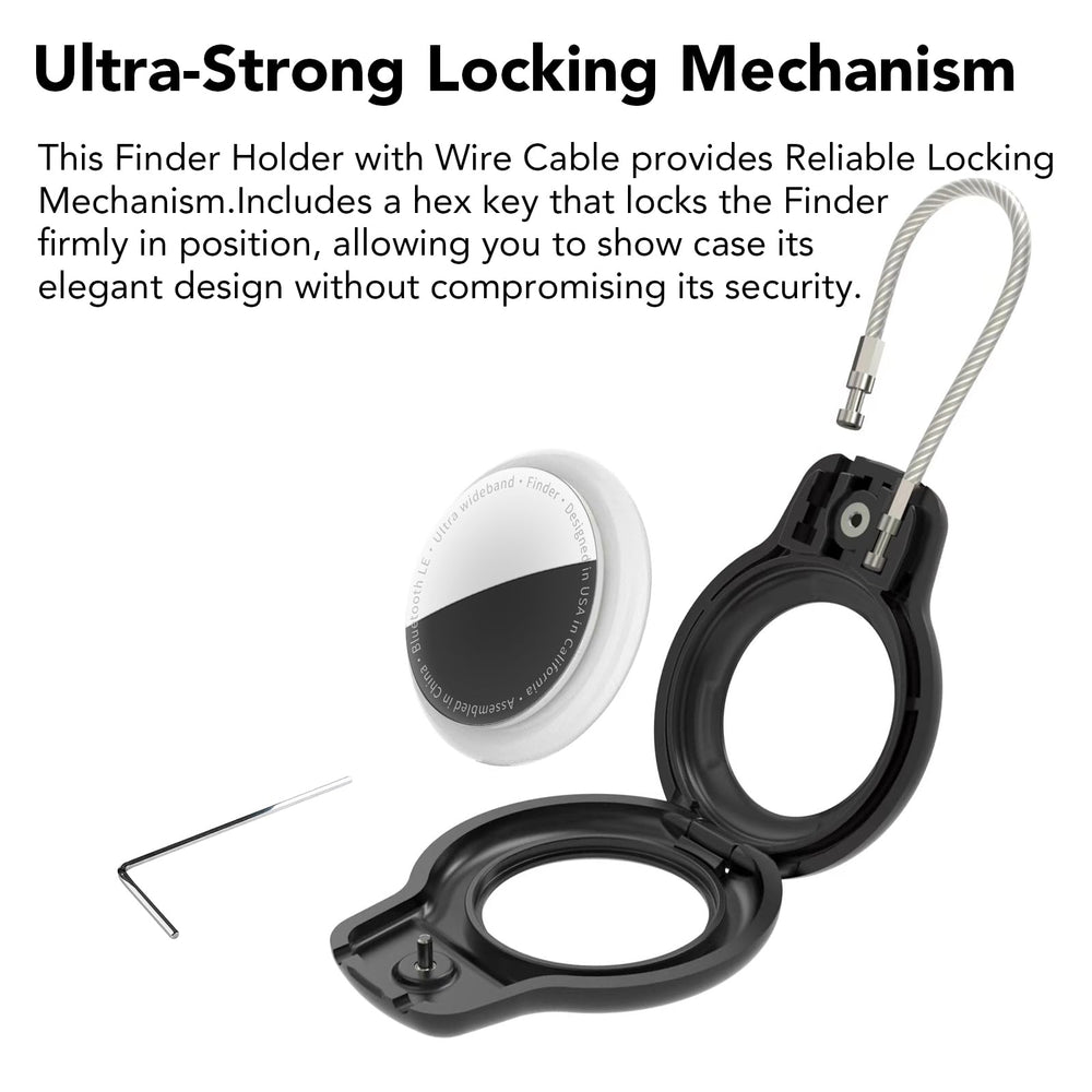Close-up of SPGUARD AirTag Holder with braided wire cable for secure fastening.