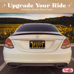 Spiffy Daisy License Plate Frame made-in-usa badge emphasizes local craftsmanship and quality.