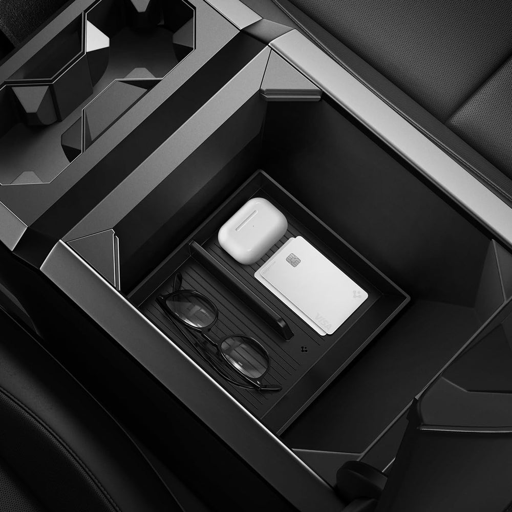 Spigen Center Console Organizer for Tesla Cybertruck bottom carbon edition keeps essentials within easy reach.