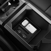 Spigen Center Console Organizer for Tesla Cybertruck bottom carbon edition keeps essentials within easy reach.