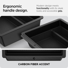 Spigen center console organizer for Tesla Model 3 Highland, top view, durable PC container with carbon fiber accent.