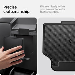 Spigen One-Tap Hidden Storage Box emphasizes discreet design within Model Y and Highland cabins.