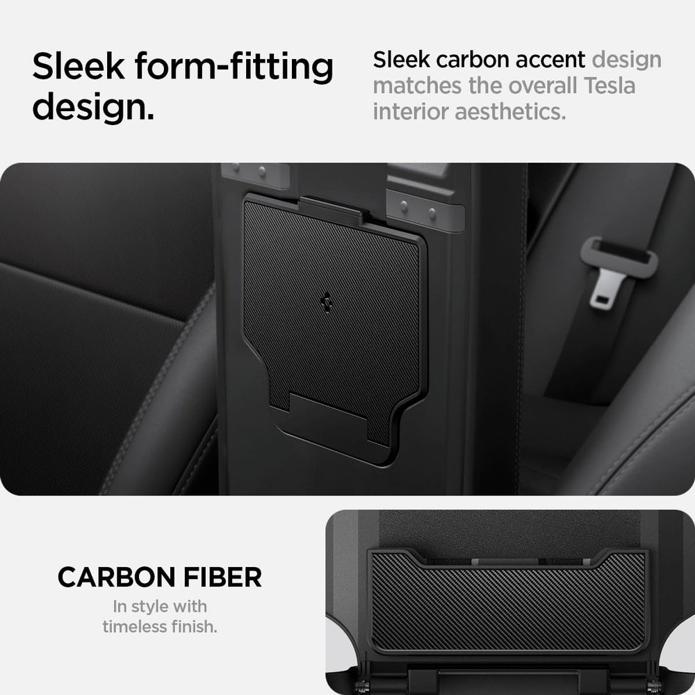 Spigen One-Tap Hidden Storage Box highlighting PC durability inside a Tesla interior.