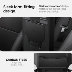 Spigen One-Tap Hidden Storage Box highlighting PC durability inside a Tesla interior.