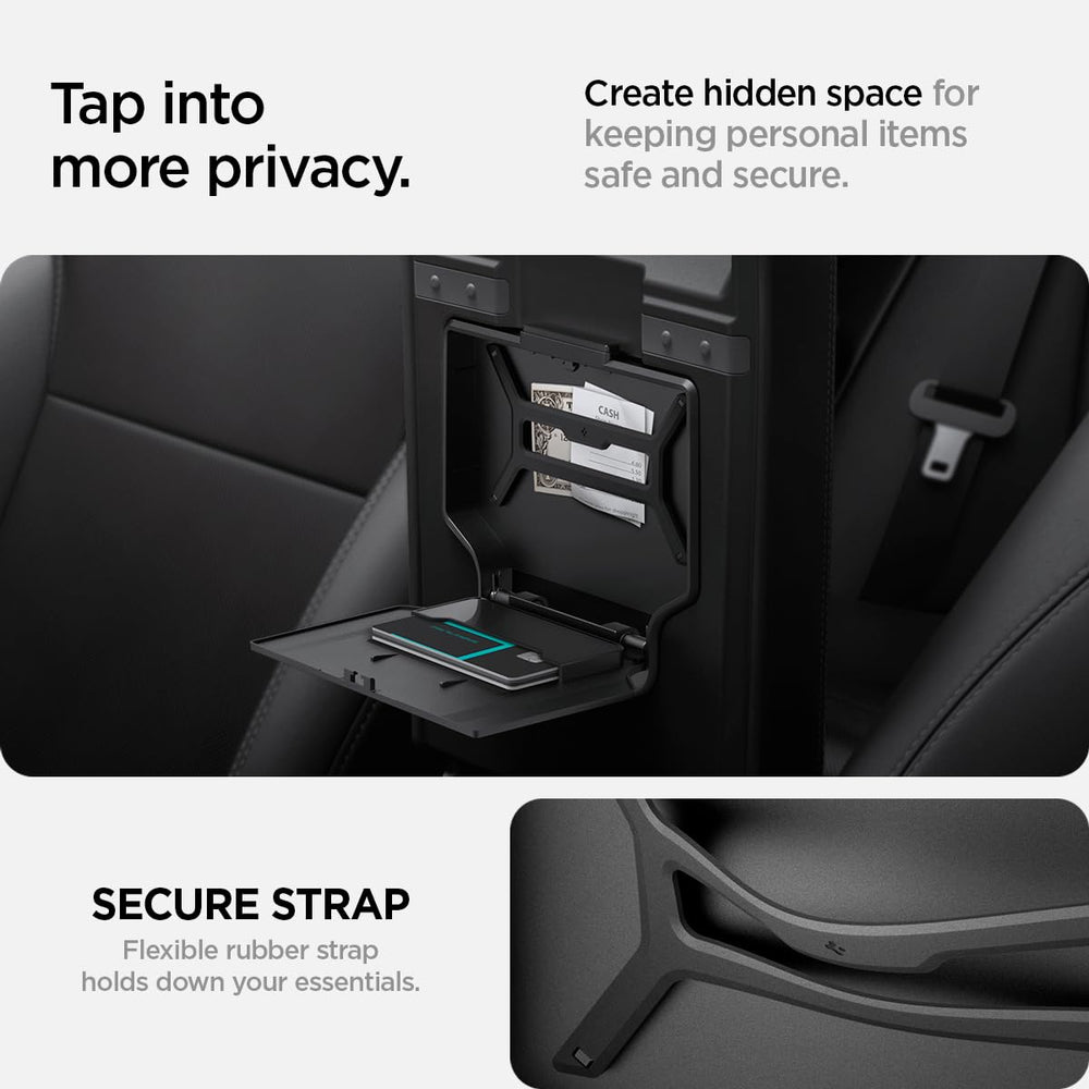 Spigen One-Tap Hidden Storage Box for Tesla Model 3 Highland installs under the armrest for clean look.