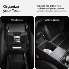 Spigen One-Tap Hidden Storage Box for Tesla Model 3 Highland shown with open access.