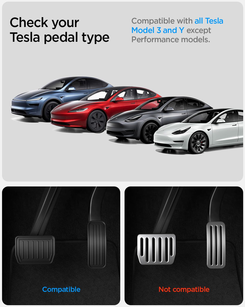 Spigen pedal cover installation step demonstrates EZ Slide-in compatibility.