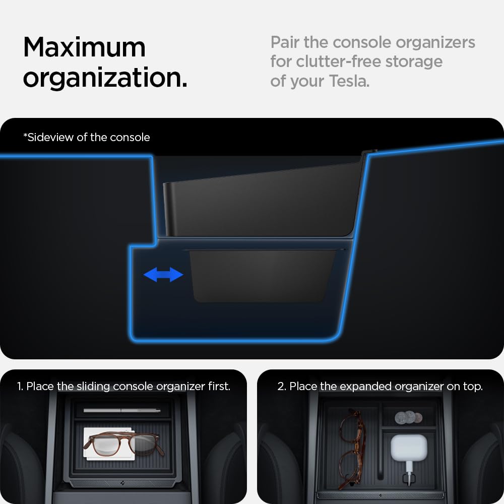 Spigen organizer in Highland blends with premium Model 3 dash styling.