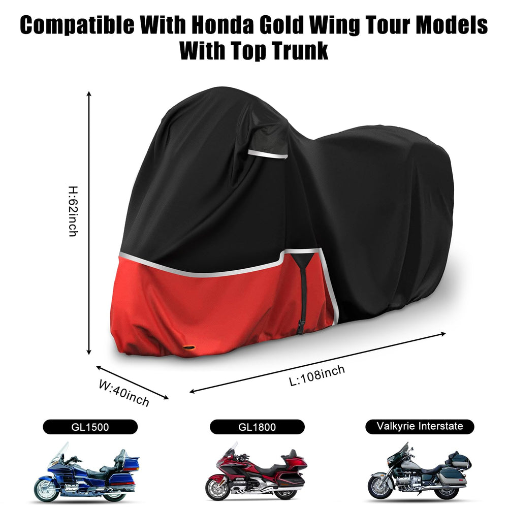Sportuli 108-inch cover for Honda Goldwing protects from sun, rain, and snow.