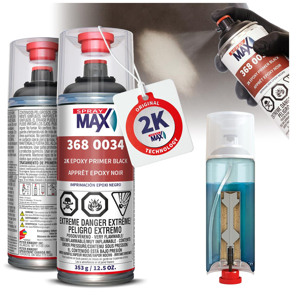 SprayMax 2K Epoxy Primer Black front view on metal surface for corrosion protection.