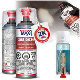 SprayMax 2K Epoxy Primer Black front view on metal surface for corrosion protection.