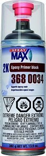 SprayMax 2K Epoxy Primer Black spray demonstrates even coverage on panels.