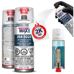 SprayMax 2K Topcoat White bottle with dual-chamber design for precise activation.