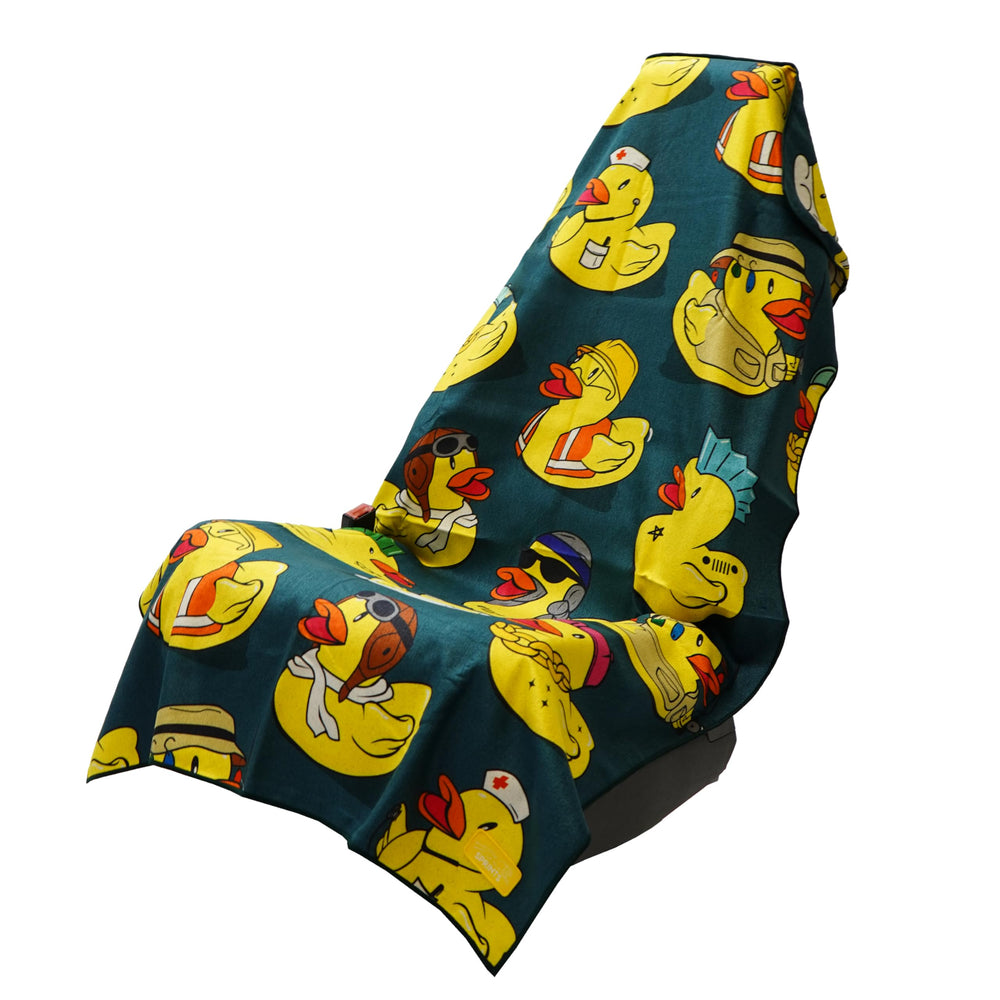 Sprints athletic running towel draped over car seat provides quick-dry protection.
