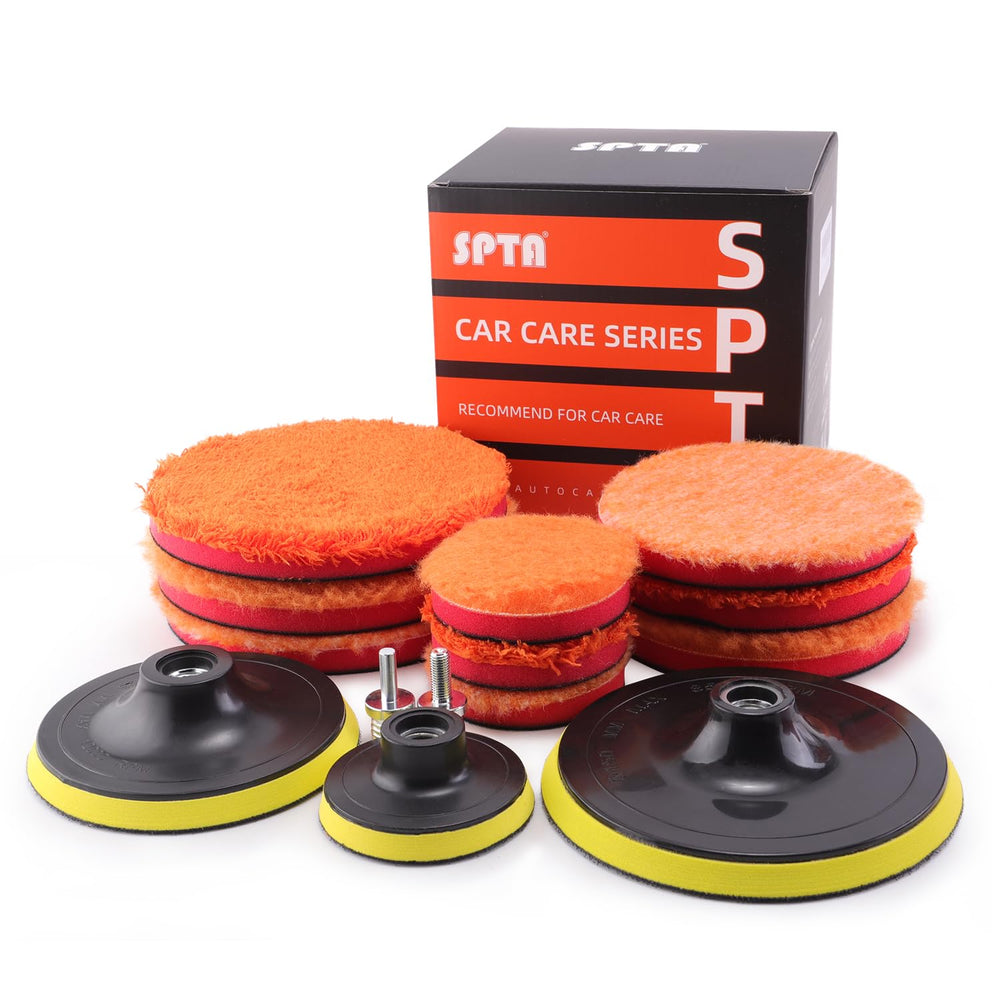 SPTA microfiber polishing pads kit for car detailing, reduces swirls and enhances shine.