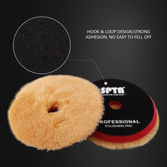 SPTA wool buffing pads 3-pack display highlights color-coded cuts for versatile polishing