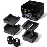 Sroiis Gen 2 upper tray two-tier setup keeps essentials within easy reach in Tesla Model Y.