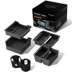 Sroiis Gen 2 upper tray two-tier setup keeps essentials within easy reach in Tesla Model Y.