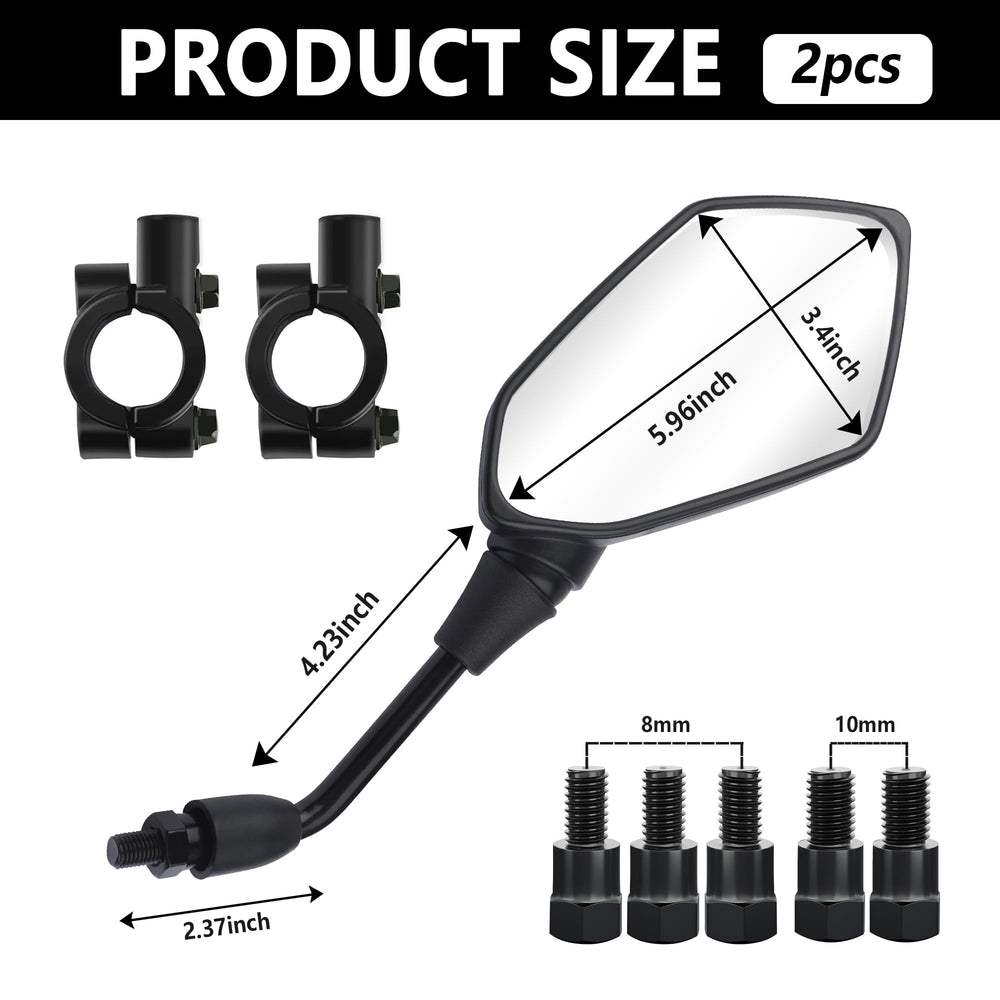 SSNNUU mirrors with thread converters and screws for versatile handlebar fitting.