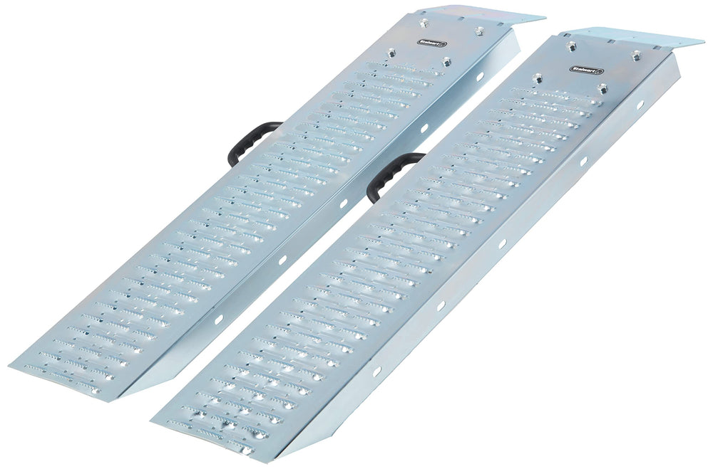 Stalwart loading ramps set on trailer for easy ATV and mower loading.