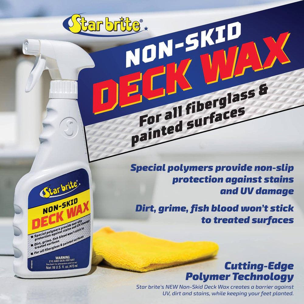 Applying Star Brite Non-Skid Deck Wax Spray with a cloth for even coverage and shine.