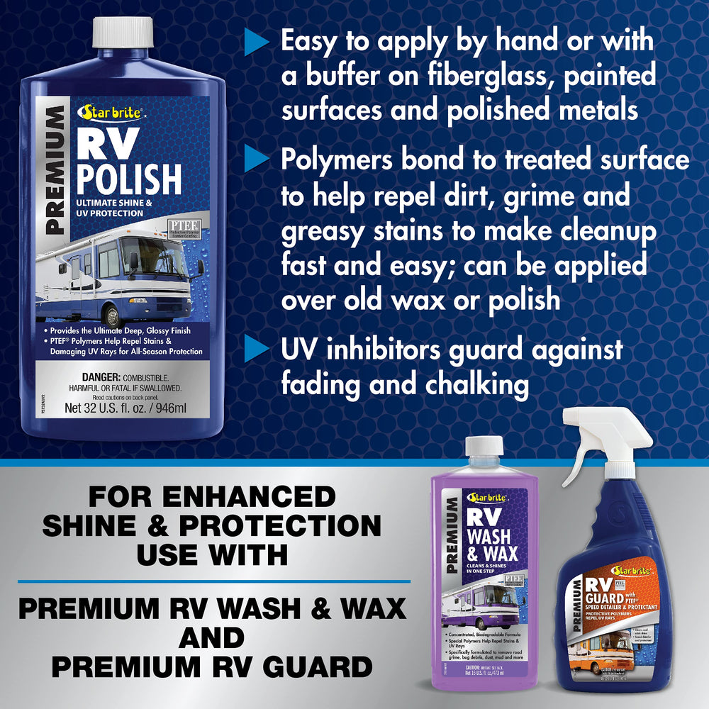 STAR BRITE Premium RV Polish is compatible with fiberglass, painted panels, and polished metals.