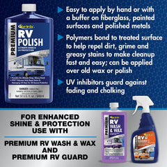 STAR BRITE Premium RV Polish is compatible with fiberglass, painted panels, and polished metals.