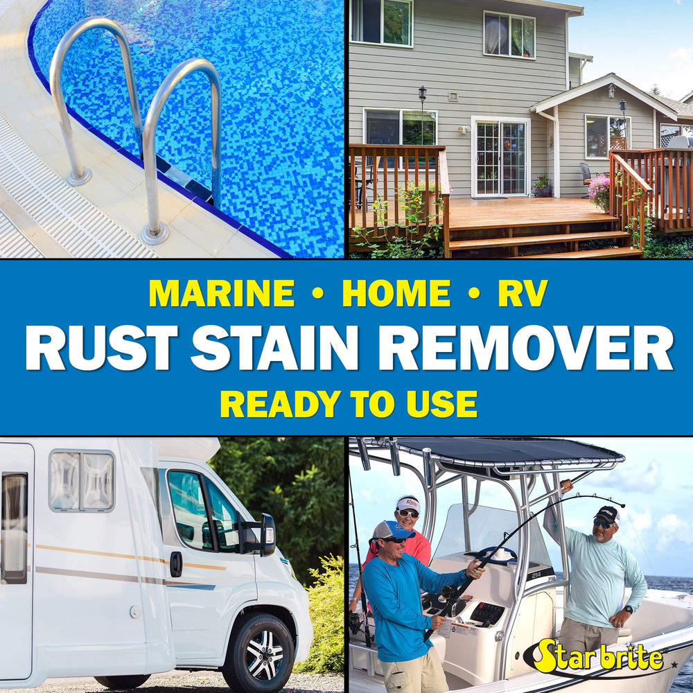 STAR BRITE Rust Stain Remover on boat-side to remove sprinkler stains.