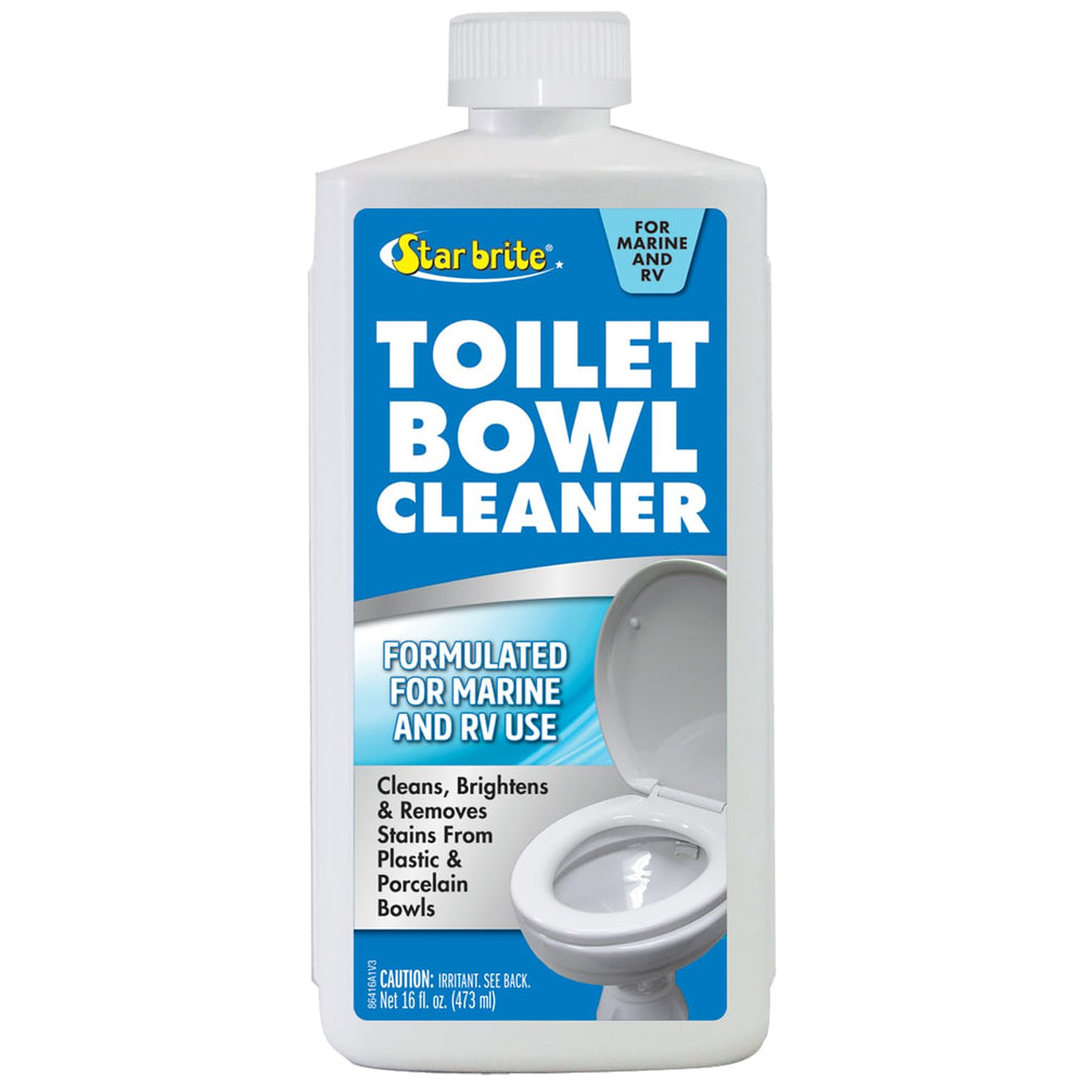 STAR BRITE toilet bowl cleaner bottle pours into a boat toilet head, ready for maintenance.