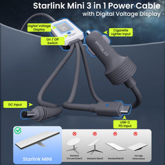STARGEAR Starlink Mini Cable with USB-C PD input for fast charging.