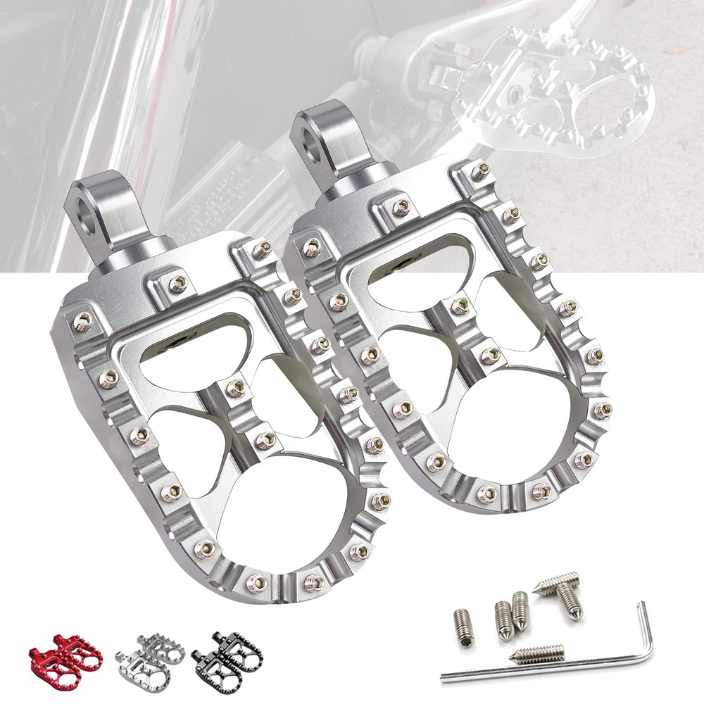 StarknightMT CNC wide fat foot pegs with 360° rotation for versatile riding positions.