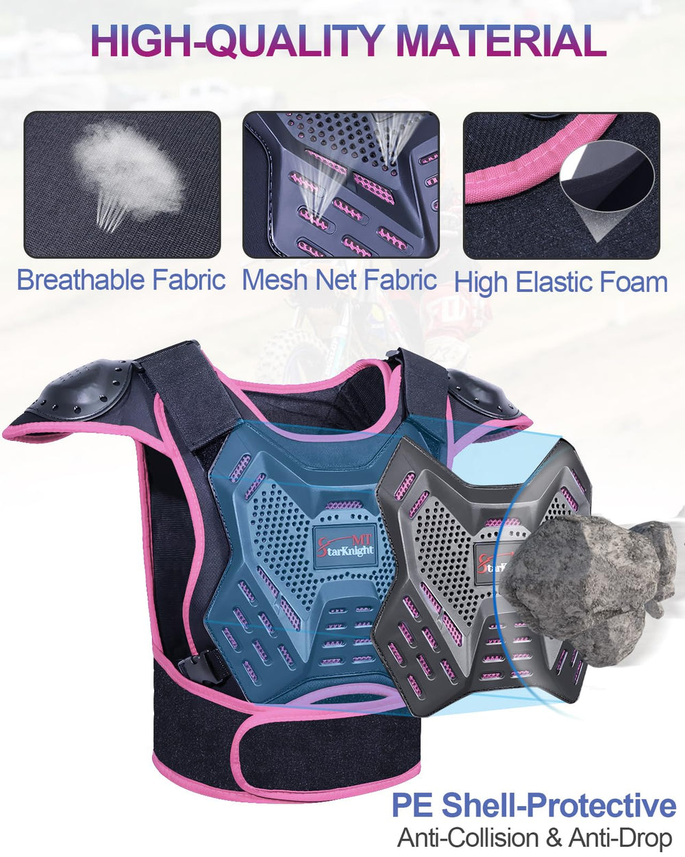 StarknightMT Kids Dirt Bike Gear back PE shell cushions impact on rough trails.