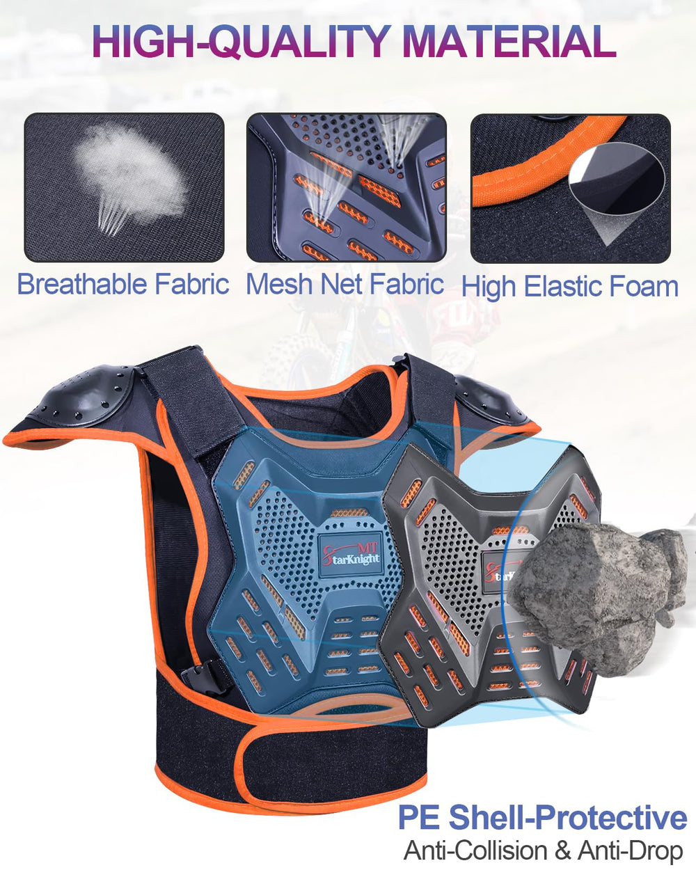 StarknightMT Kids Dirt Bike Gear chest protector back view demonstrates full-back protection.