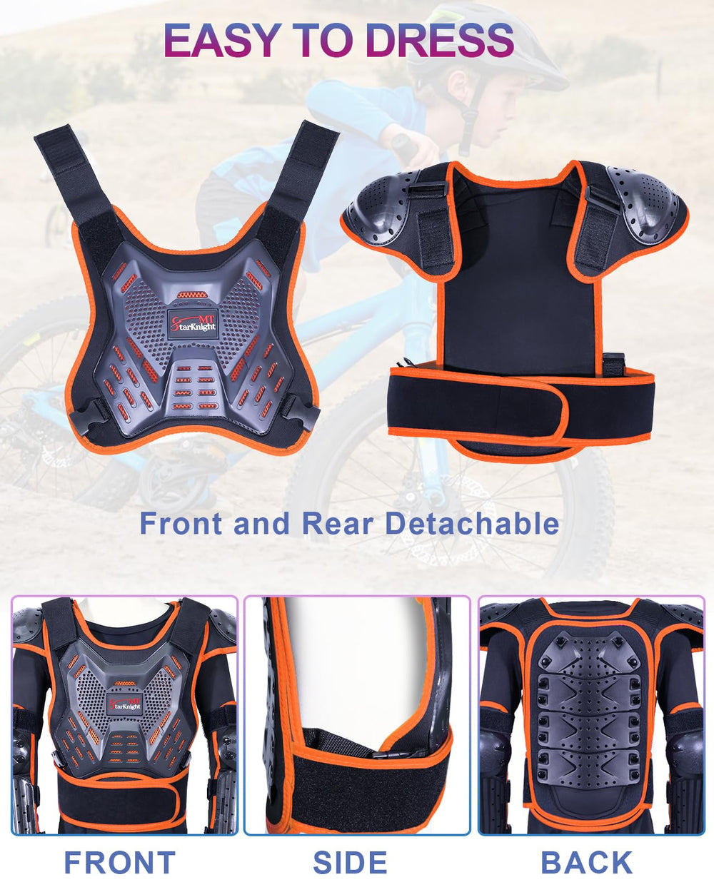 StarknightMT Kids Dirt Bike Gear adjustable strap system for easy on/off.
