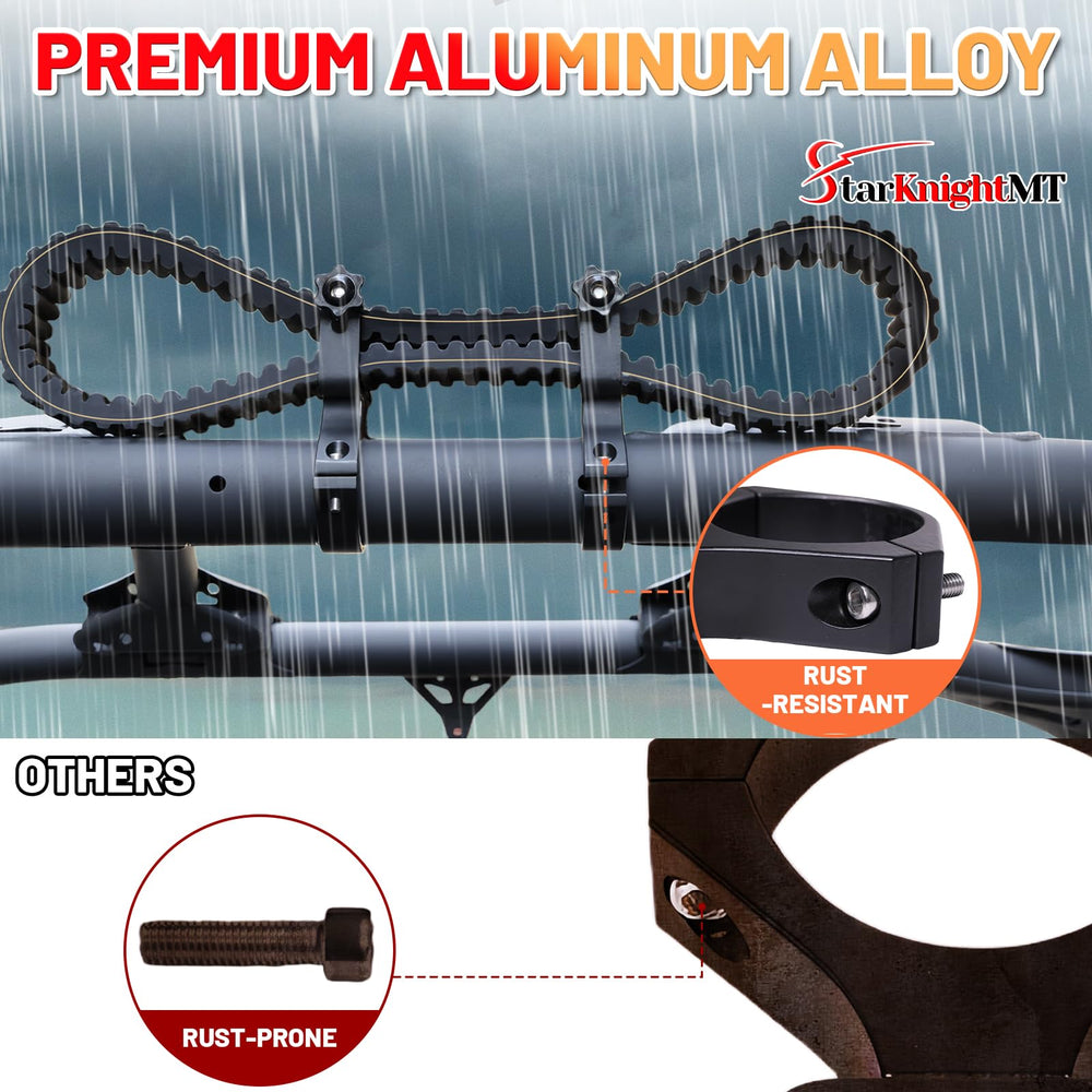 Adjust screw demonstrates secure storage of spare belt during rough off-road conditions.