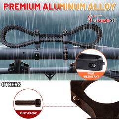 Adjust screw demonstrates secure storage of spare belt during rough off-road conditions.