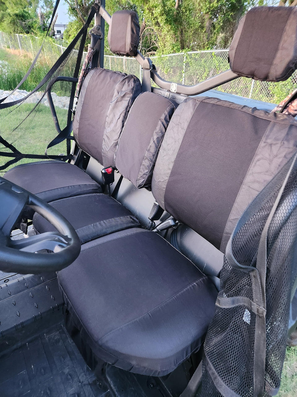 StarknightMT UTV Defender seat cover matches Can Am Defender 6x6 models.