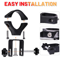 Tool-free installation detail with bracket slid onto roll bar.